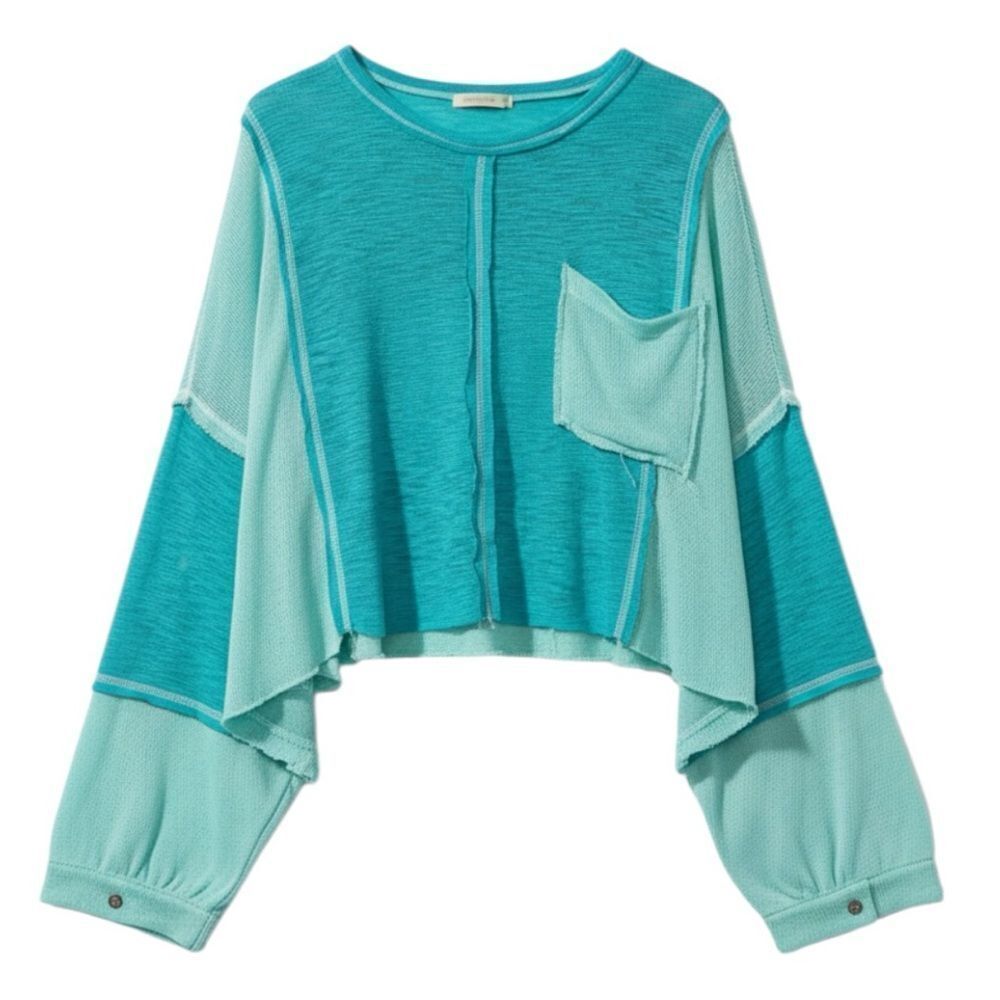 POL Oversized Top Boho Turquoise Green Round Contrast Stitching High-Low Large - Picture 7 of 7